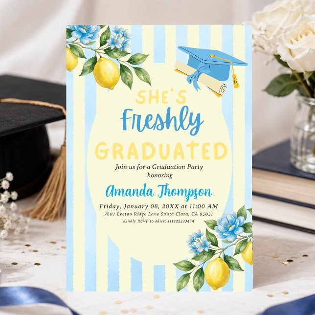 Freshly Graduated Blue Stripe Lemon Graduation Invitation (Creator Uploaded)