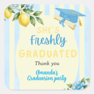 Freshly Graduated Blue Stripe Lemon Graduation Square Sticker