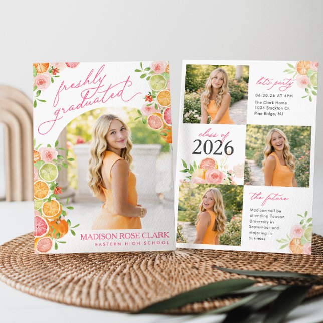 Freshly Graduated Floral Citrus Graduation Party Invitation (Creator Uploaded)
