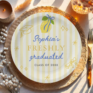Freshly Graduated Lemon Blue Bow Graduation Paper Plate