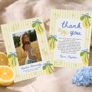 Freshly Graduated Lemon Blue Bow Graduation Thank You Card