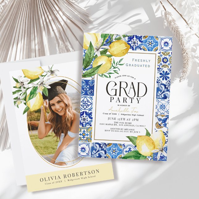 Freshly Graduated Lemon Blue Tile Photo Graduation Invitation (Creator Uploaded)