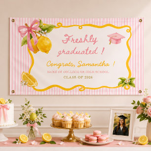 Freshly graduated lemon pink bow graduation party banner