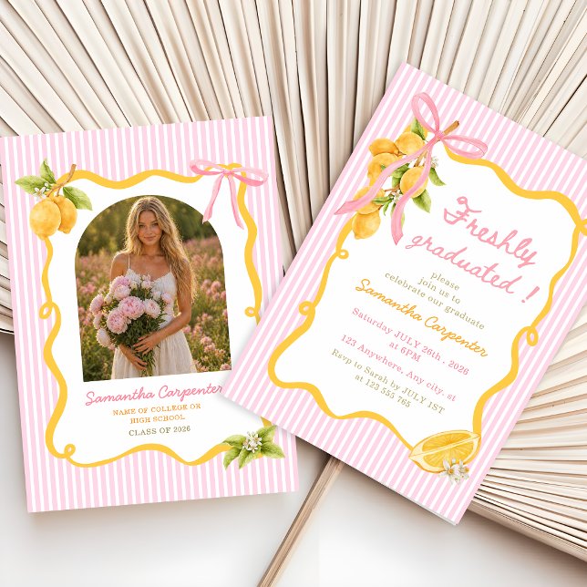 Freshly Graduated Lemon Pink bow preppy Graduation Invitation (Creator Uploaded)