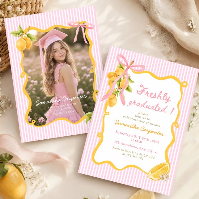 Freshly Graduated Lemon Pink bow preppy Graduation Invitation (Creator Uploaded)