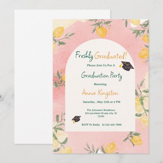 Freshly Graduated Lemon Pink Graduation Invitation (Front/Back)