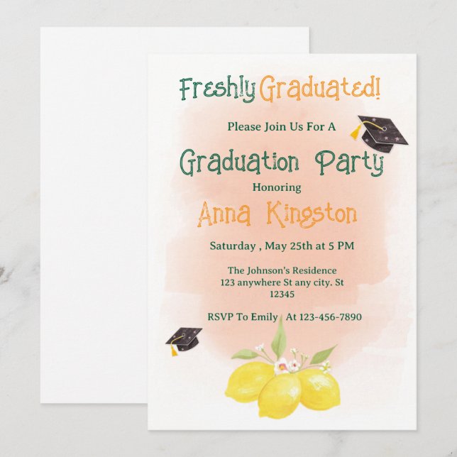 Freshly Graduated Lemon Pink Graduation Invitation (Front/Back)