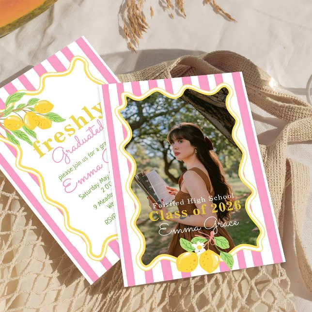 Freshly Graduated Lemon Pink Stripes Graduation Invitation (Creator Uploaded)