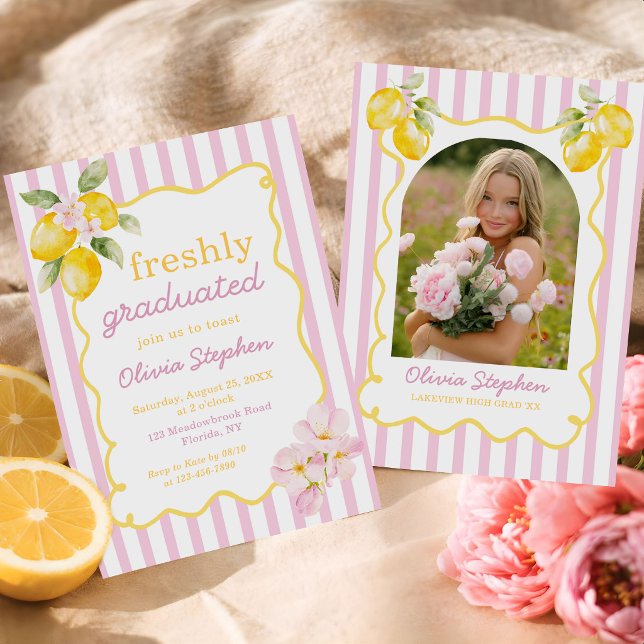 Freshly Graduated Lemon Pink Stripes Graduation Invitation (Creator Uploaded)