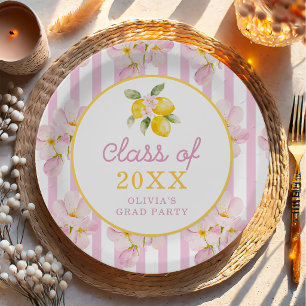 Freshly Graduated Lemon Pink Stripes Graduation Paper Plate