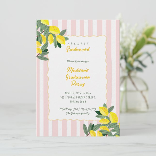 Freshly Graduated Lemon Stripe Graduation Party Invitation (Standing Front)