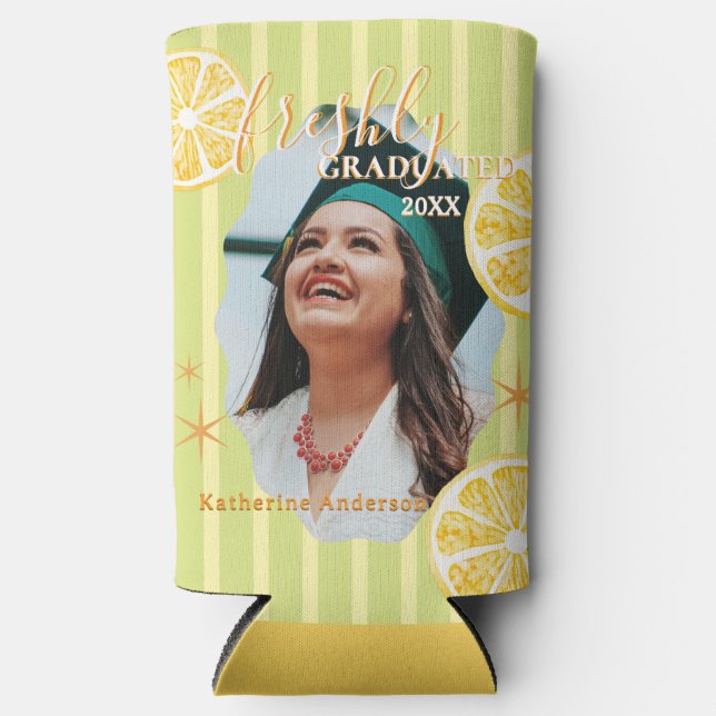 Freshly Graduated Lemon Stripes Seltzer Can Cooler (Front)