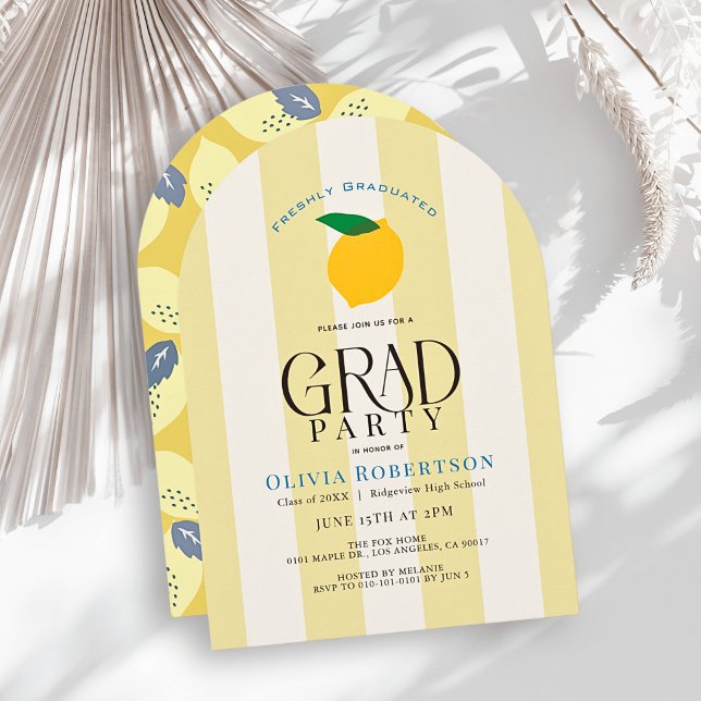 Freshly Graduated Lemon Yellow Stripes Graduation Invitation (Creator Uploaded)