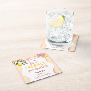 Freshly Graduated Lemonade Lemon Graduation Party Square Paper Coaster