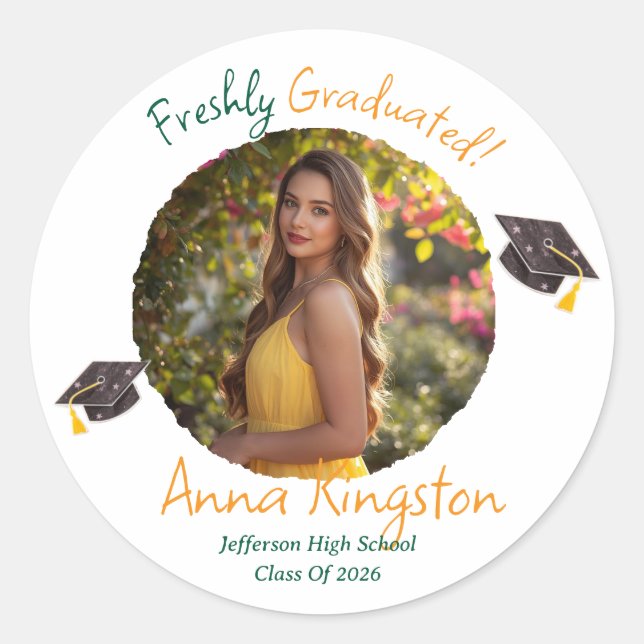 Freshly Graduated Modern Photo Classic Round Sticker (Front)