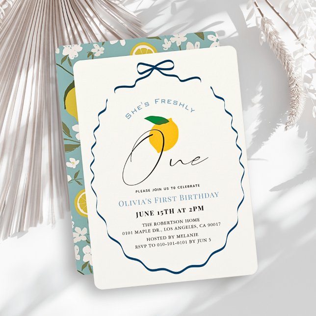 Freshly One Blue Bow Lemon/Citrus 1st Birthday Invitation (Creator Uploaded)