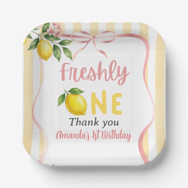 Freshly One Bow Pink Yellow Lemon First Birthday Paper Plate (Front)