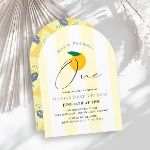 Freshly One Lemon/Citrus Stripes Girl 1st Birthday Invitation