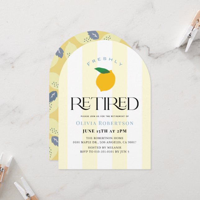 Freshly Retired Lemon/Citrus Stripes Retirement Invitation (Front/Back In Situ)