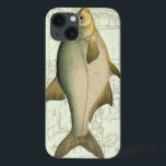 Freshwater Fish on Map iPhone 13 Case<br><div class="desc">This art print illustrates a detailed painting of a freshwater fish. The background is a vintage map in light aquatic colour. This design would perfectly fit any product of your fishing collection.</div>