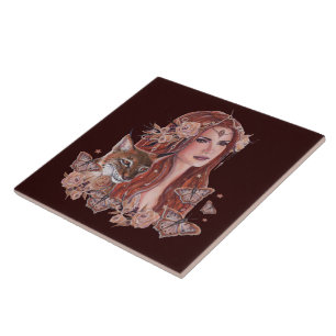 Freya goddess art with lynx by Renee Lavoie Tile