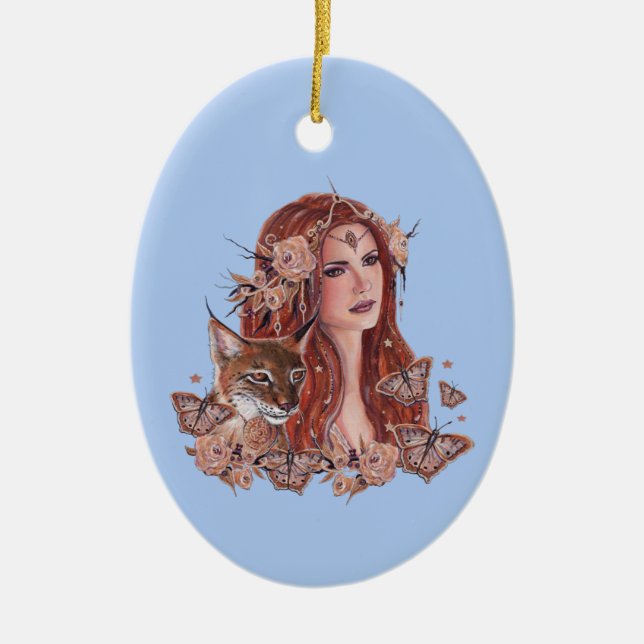 Freya goddess with lynx by Renee Lavoie Ceramic Tree Decoration (Front)