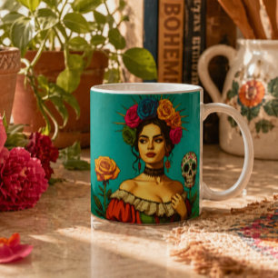 Frida Inspired Floral Portrait Art Coffee Mug