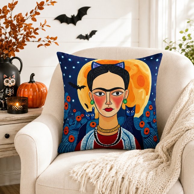 Frida Inspired Folk Art Black Cat Full Moon Boho  Cushion (Creator Uploaded)