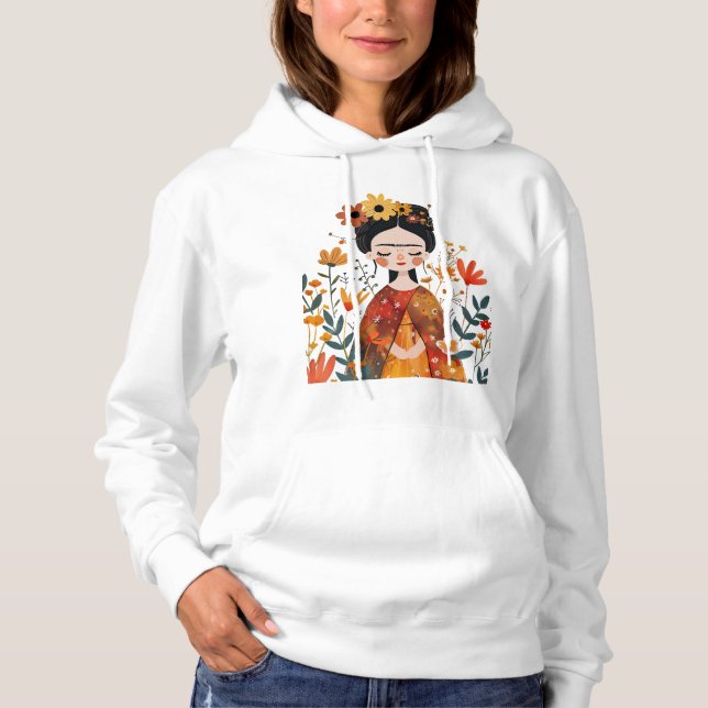 Frida Kahlo Among Flowers Whimsical Hoodie (Front)
