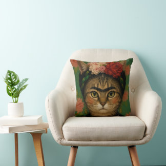 Frida Kahlo Cat Portrait Floral Art Print Cushion