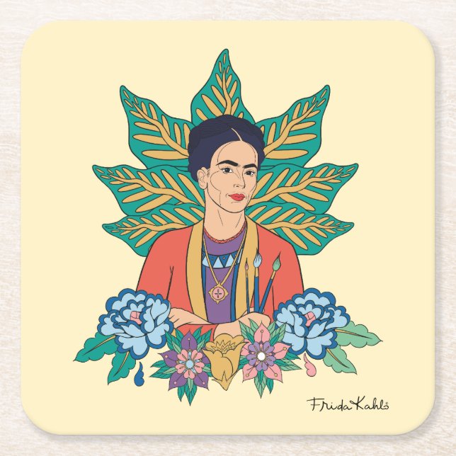 Frida Kahlo Colourful Floral Graphic Square Paper Coaster (Front)