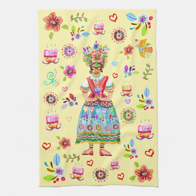 Frida Kahlo Flower Folk Art Inspiration Tea Towel (Vertical)