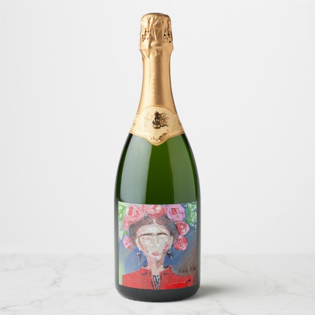 Frida Kahlo Mexico Original Red Floral Pink Woman Sparkling Wine Label (Front)
