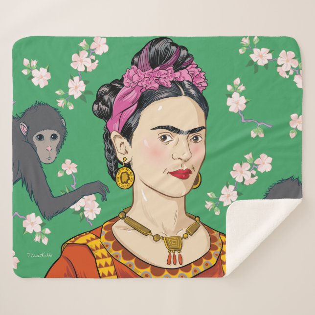 Frida Kahlo Monkey Graphic Sherpa Blanket (Front (Horizontal))