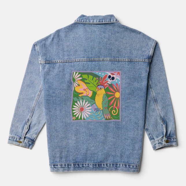 Frida Kahlo Parrot Graphic Denim Jacket (Back)