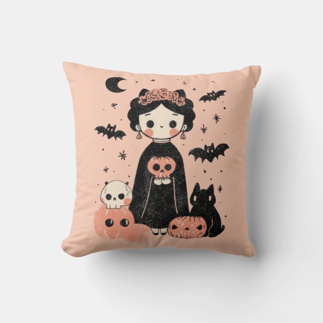 Frida Kahlo Pink Pasteloween Spooky Cute Halloween Cushion (Front)