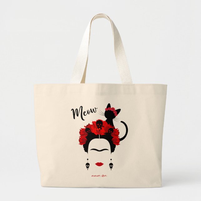  Frida Kahlo portrait and cute meow Mexican Cat  Large Tote Bag (Front)