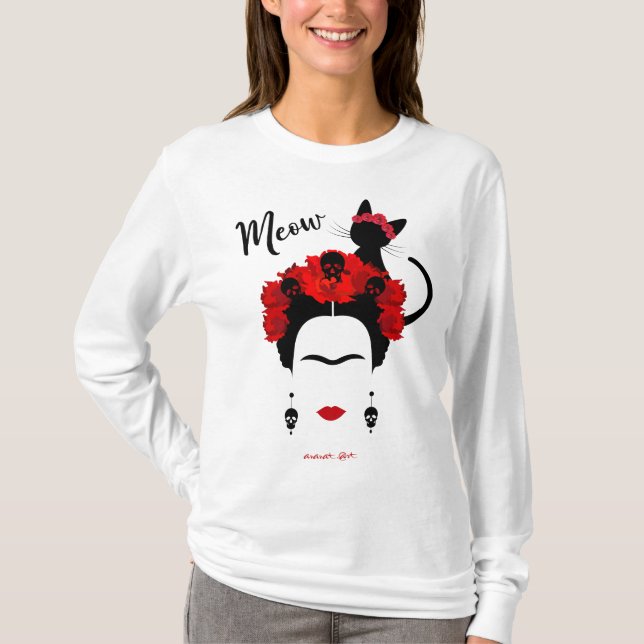  Frida Kahlo portrait and cute meow Mexican Cat   T-Shirt (Front)