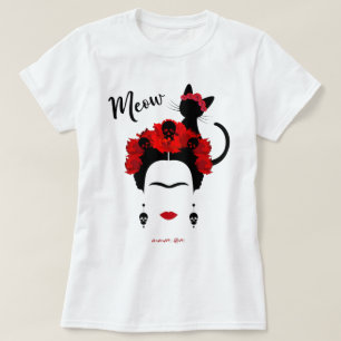 Frida Kahlo portrait and cute meow Mexican Cat T T-Shirt