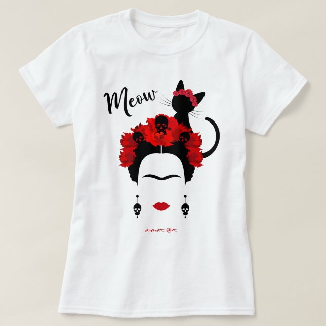  Frida Kahlo portrait and cute meow Mexican Cat  T T-Shirt (Design Front)