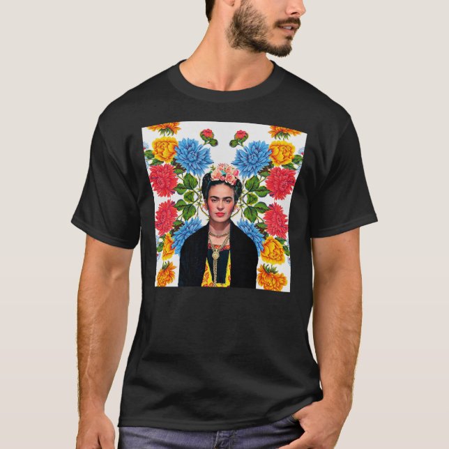 Frida Kahlo print, flowers, colour on white Mexica T-Shirt (Front)
