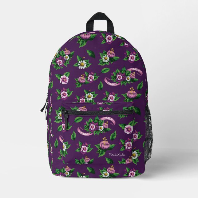 Frida Kahlo | Purple Floral Bouquet Pattern Printed Backpack (Front)
