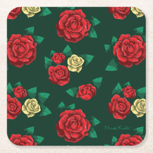 Frida Kahlo   Red and Gold Rose Pattern Square Paper Coaster