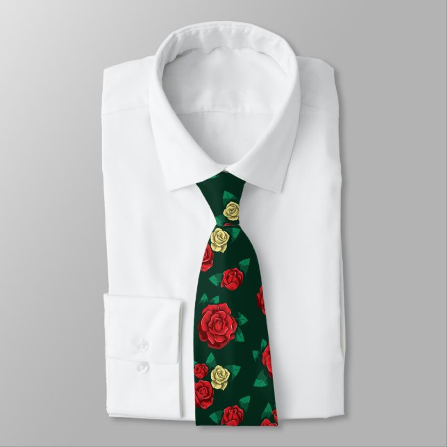 Frida Kahlo | Red and Gold Rose Pattern Tie (Tied)