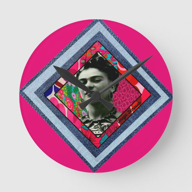 Frida Kahlo Retro Denim Diamond Round Clock (Front)
