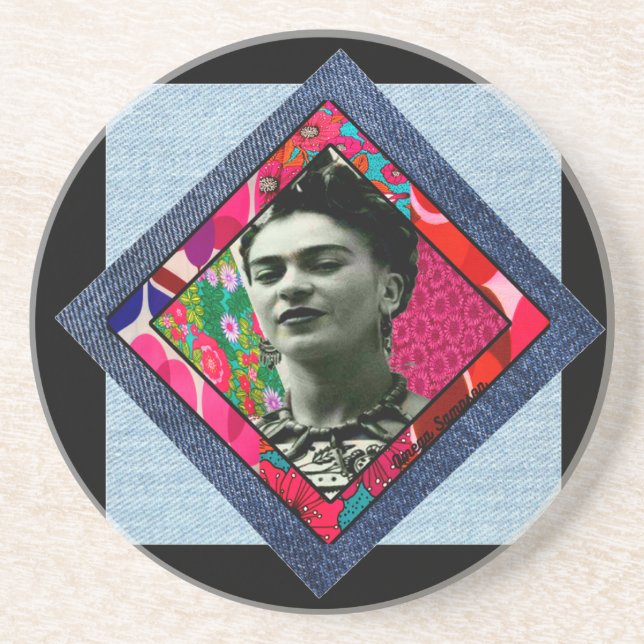 Frida Kahlo Retro Pink Denim Coaster (Front)