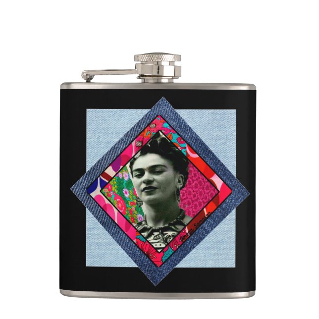 Frida Kahlo Retro Pink Denim Hip Flask (Front)