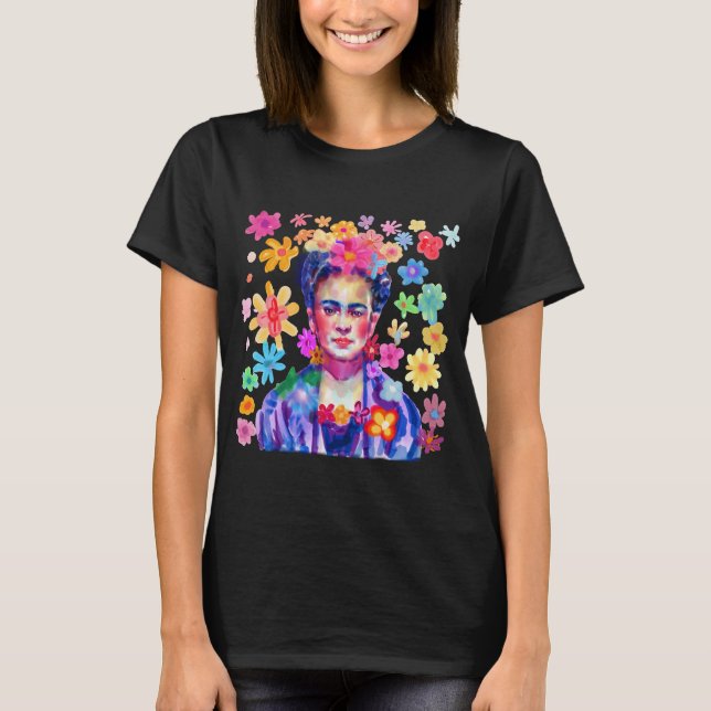 Frida Kahlo Watercolor Retro Groovy Flowers Women  T-Shirt (Front)