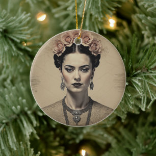 Frida Kahlo's Charm: Vintage Double Exposure Ceramic Tree Decoration