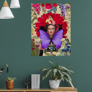 Frida's World Colorful Floral Art Collage Poster